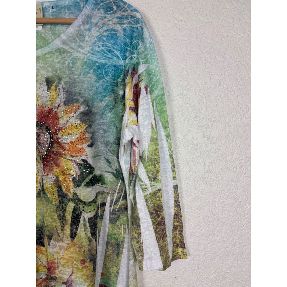 Jess & Jane Sunflower Rhinestone Sharkbite Tunic Top Sz Large Blue Green Boho - Picture 4 of 8